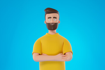 Cartoon smiling beard hipster man in yellow t-shirt  with cross hand look at camera over blue background.