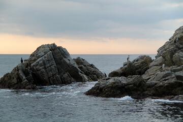 sunset over the sea. beautiful view of the mediterranean sea. Big stones on the beach, with calm water and cloudy sky background. sea birds on the rocks.