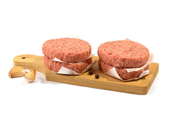 Raw beef patties for a burger.Selective focus.Isolated on a white background.
