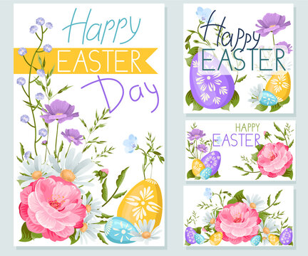 Set of haster day banners with colorful flowers and eggs.