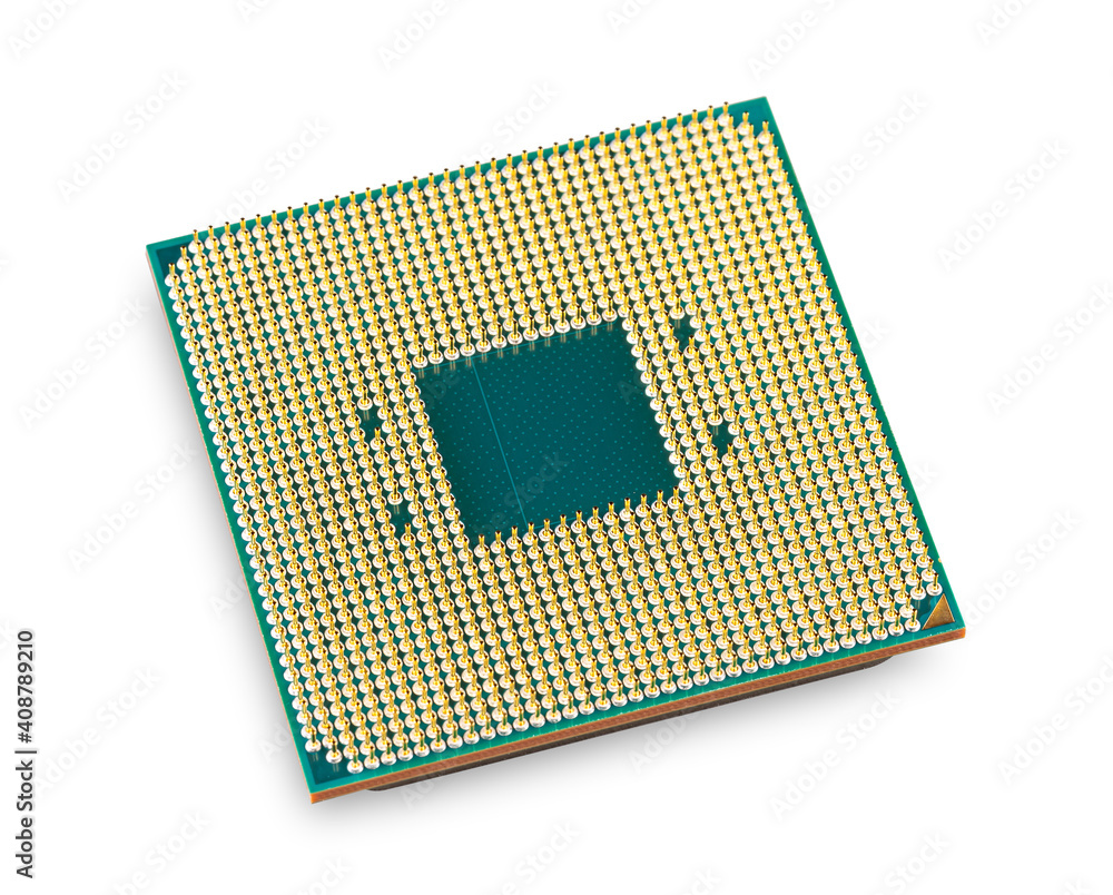 Aufkleber cpu computer micro processor with golden pins isolated white background. pc hardware microchip techn
