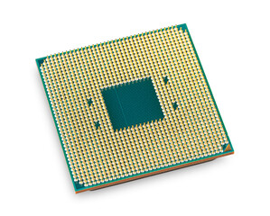 CPU computer micro processor with golden pins isolated white background. PC hardware microchip...