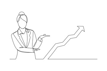 Continuous line drawing of standing business woman show growing graphic diagram. Single one line art of business increase success progress. Vector illustration