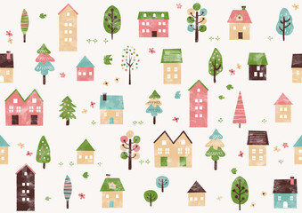Fototapeta premium 北欧風 手書き春の街と木のパターン