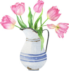 Watercolor spring flowers composition. Pink tulips in vintage vase