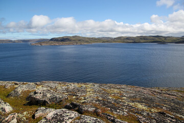 Fototapeta na wymiar View of the dark blue water of the Barents Sea bay and the hills on the opposite shore. Moss grows on a rock by the sea. Panoramic view from the cliff above the ocean. White clouds in a blue sky.