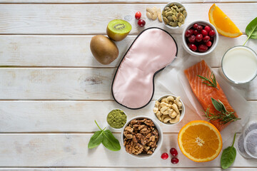 Selection of food for better sleep insomnia rich in tryptophan and melatonin, copy space
