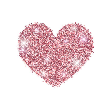 Rose gold glitter shiny heart. Valentine pink vector design element for sticker, wedding, Valentines greeting card