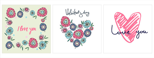 Set of Happy Valentines Day greeting cards designs with hand drawn hearts, hippyish flowers, lettering