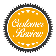 Orange Round Sticker Customer Review. Vector icon illustration. Flat Design.