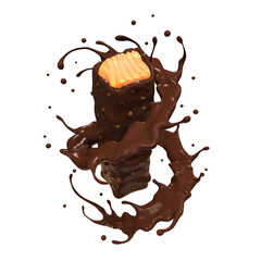 Chocolate bar filled with caramel,Chocolate flowing,3d rendering