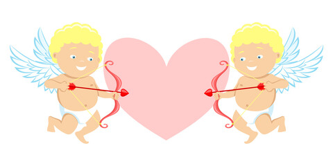 Two cupids and pink love heart on white background.