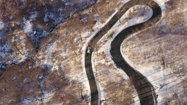 Aerial view of road crossing Medvednica mountain during winter, Croatia.