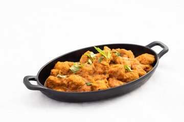 Veg Curry Masala Sabji Soya Chunks Nutri Nugget Made Of Soy Served In Platter Tray. The Sabzi Is Rich Source Of Protein And Has Multiple Health Benefits. White Background With Space For Text