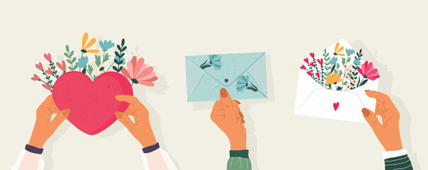 Valentines day greeting card. Happy Womens Day March 8. Cute cards and posters. Love envelope with flowers. Bouquet of spring flowers. Vector illustration. Mail envelope in female hands.