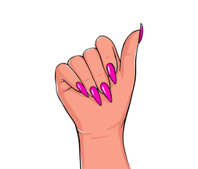 Vector Beautiful woman's hands with pink nails. Stylish trendy female manicure. Design for Beauty salon - 408791656