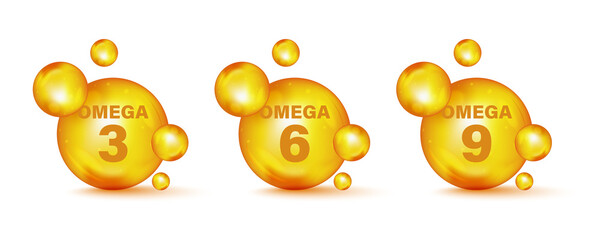 Fototapeta Set of gold drops icons Omega Three, Six And Nine. Polyunsaturated fatty Omega-3, Omega-6, Omega-9. Natural Fish, Organic Vitamin, Nutrient. Omega Fatty Acid, EPA, DHA. Vitamin drop pill capsule obraz