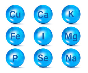 Set of Essential Mineral supplement icons. Minerals and multivitamin complex for health. Calcium Zinc Magnesium Manganese Iron Molybdenite Iodine Cobalt Chromium Copper Potassium Silicon Selenium