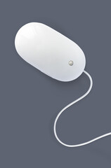 Simple white computer mouse with cord isolated on dark grey background, minimal style
