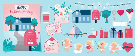 Big Valentine’s set with cute cupid, and others element. Template for greeting card, banner, poster, seamless pattern or others. Vector illustration in cartoon flat style