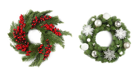 Beautiful Christmas wreaths on white background, banner design