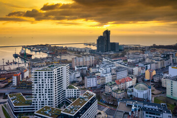 Cityscape of Gdynia by the Baltic Sea at sunrise. Poland