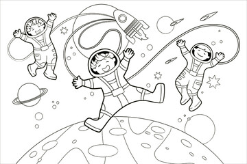 Coloring book: Children-astronauts soar in outer space among the planets. Vector illustration, black and white line art, sketch, doodle