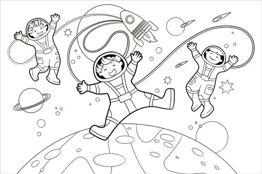 Coloring book: Children-astronauts soar in outer space among the planets. Vector illustration, black and white line art, sketch, doodle