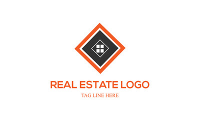 Real Estate logo in gold and dark blue color.
