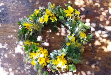 1st May traditional flower hoop with crown daisies and other plants