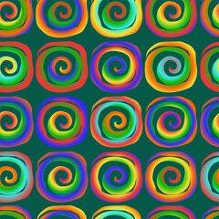 Bright seamless pattern in hippie style of rainbow spirals on a tidewater green color background