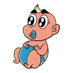 Adorable Newborn cartoon characters sitting while sucking baby pacifier and wearing blue diapers, best for logo or mascot for baby shop