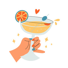 Woman hand holding a cocktail glass with martini or alcohol drink with lemon and olive. Happy hour, cheers sign, party design, celebration with love. Isolated hand drawn colorful vector illustration.