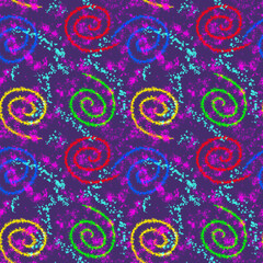 Bright seamless abstract pattern with colored spirals and rough strokes on a purple background