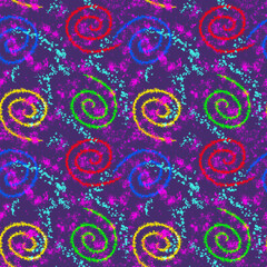 Bright seamless abstract pattern with colored spirals and rough strokes on a purple background