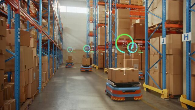 Future Technology 3D Concept: Automated Modern Retail Warehouse AGV Robots Transporting Cardboard Boxes in Distribution Logistics Center