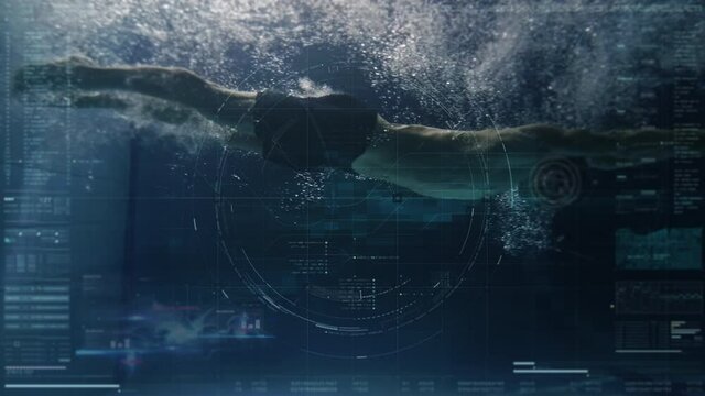 Cinematic shot of young professional male swimmer practicing with latest innovative technology augmented reality holograms underwater in swimming pool. Concept of sport, fitness, immersive technology.