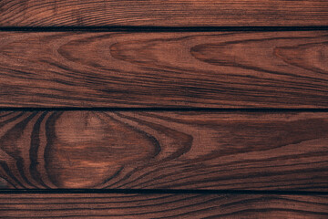Dark brown rustic old wooden background. Textured wood paneling backdrop. Front view with copy space.
