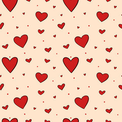Vector abstract seamless background with hearts for Valentines day. Great for paper, card, wallpaper, banner, fabric, interior. Handdrawn illustration