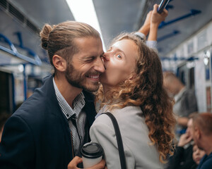 happy couple standing in a subway train.