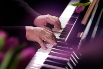 Pianistin spielt mit ihren Händen Klavier bei einem musikalischen Konzert