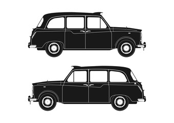 London taxi silhouette. Side view of vintage taxi from the 1960s. Flat vector. - 408797489