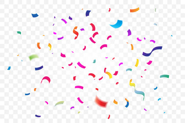 Many falling colorful confetti isolated on transparent background. Celebration banner. Vector