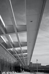 Architecture detail of roof construction at the airport, black and white.