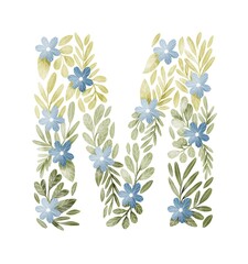 Obraz premium Letter M floral letter with blue flowers and green leaves. Lovely ABC for nursery room or education.Personalized floral monogram. Botanical illustration.