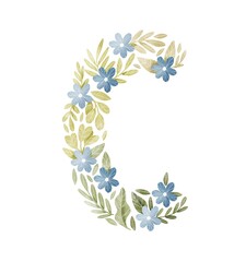 Letter C floral letter with blue flowers and green leaves. Lovely ABC for nursery room or education. 

Personalized floral monogram. Botanical illustration.