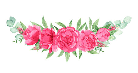 Watercolor bouquet with bright pink peonies, eucalyptus branches and green leaves isolated on a white background, hand-drawn. For textile, greeting card, wrapping paper, wedding invitations. 