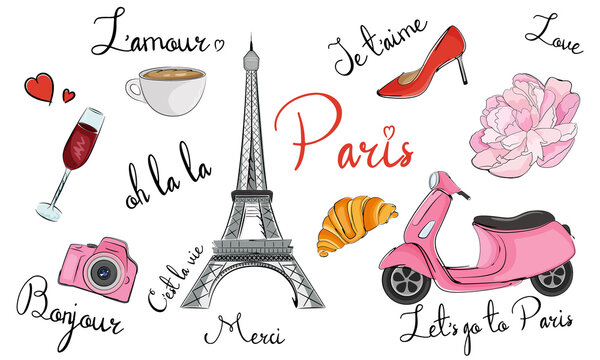 Paris hand drawn symbols, icons. France elements.