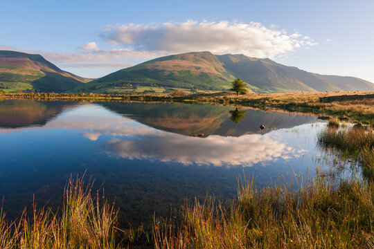 Tewet Tarn and beyond, across the Greta Valley, Blencathra, near Keswick, Lake District, Cumbria, England