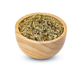 Oregano in wooden bowl isolated on white background ,include clipping path